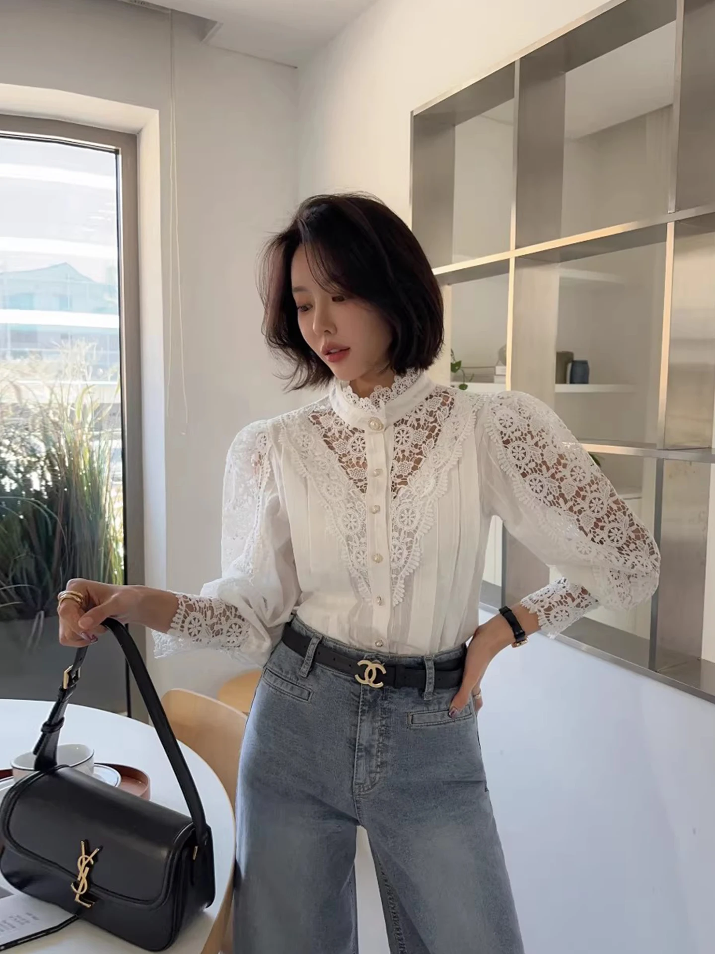 

Ele Long Sve Women's irt Lace Hollow out Heavy Embroidery Pearl Button Commute Sle Korean Version Straight Cut