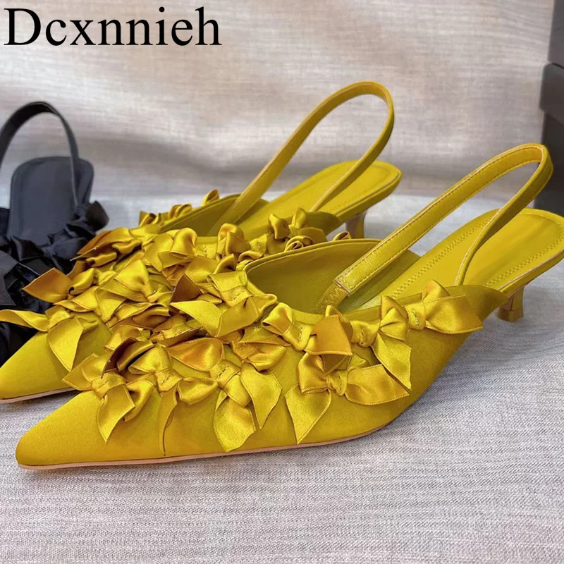 

Kitten Heel Pointed Toe Pumps Women Silk Satin Butterfly-Knot Decor Slingback Sandals Ladies Spring Summer Party Dress Shoes