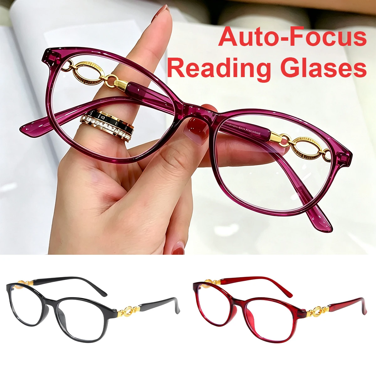 Auto-Focus Reading Glasses for Men & Women Gold Cut-Out Temple Design HD Resin Lenses Blue Light Blocking Reading Eyeglasses L4