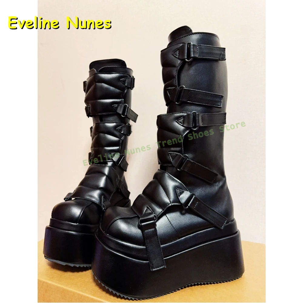 Black Buckle Cyberpunk Y2K Knee High Boots Big Round Toe Thick Sole Height Increase Subculture Style Couple Punk Shoes 2025 New