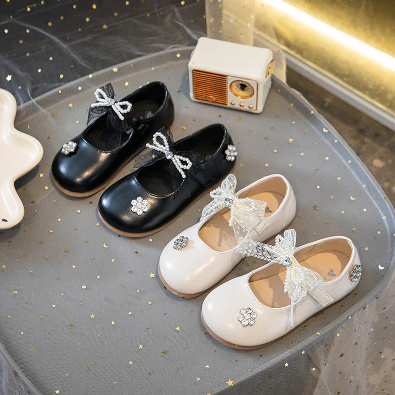 

Girls Pearls Leather Shoes Round Toes Sweet Lace Bowtie Kids Flats Mary Janes Shoes Fashion Children Princess Performance Shoes