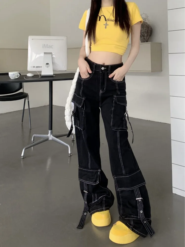 Deeptown Y2k Harajuku Streetwear High Waist Wide Leg Pants American Vintage Pockets Bandage Solid Loose Denim Trousers 2000s