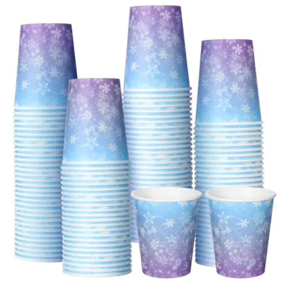 

100 шт. зимние бумажные стаканчики со снежинками, оптом, 9 унций, одноразовые бумажные стаканчики со снежинками для кофе, синие и фиолетовые сувениры для вечеринок
