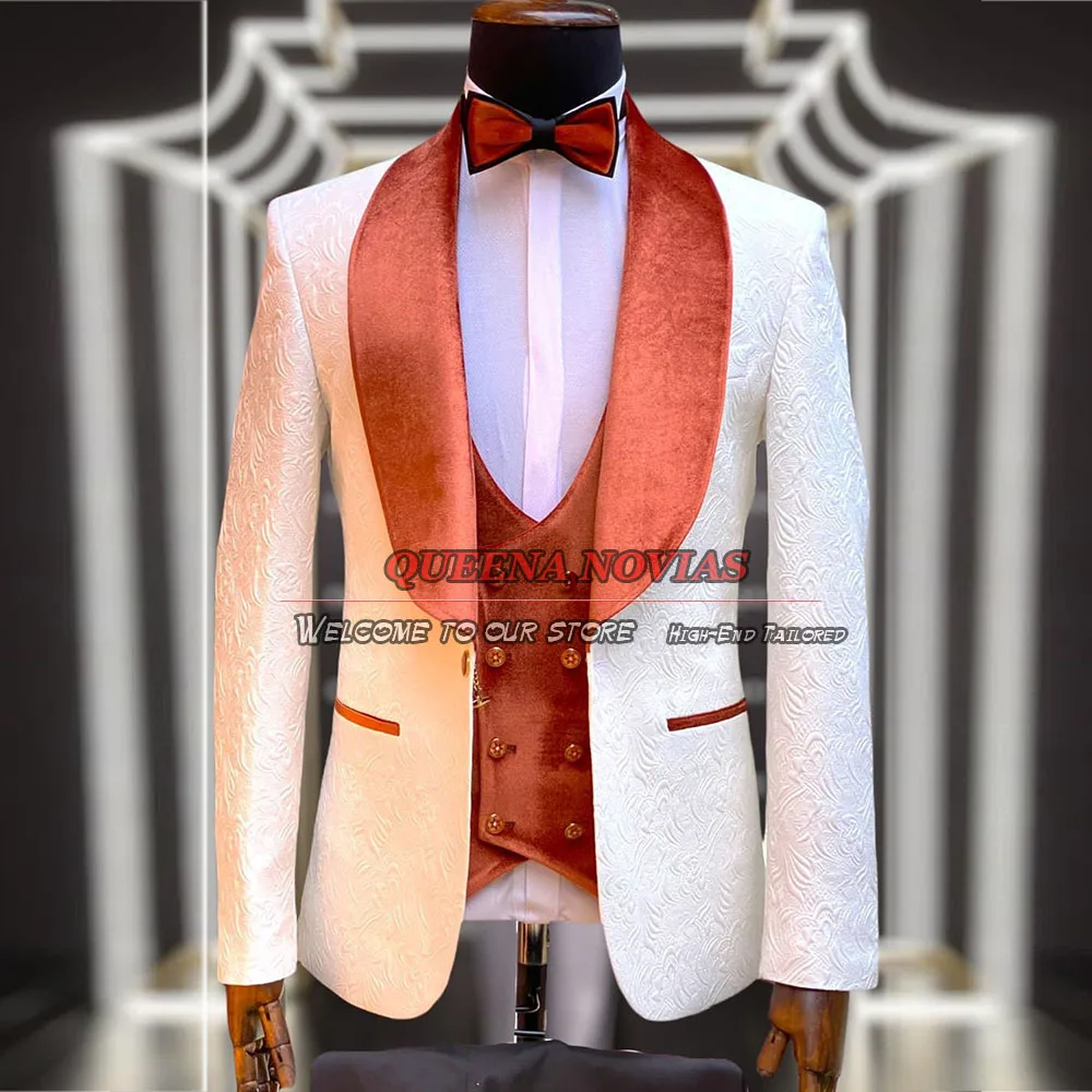 Elegante 3 peças noivo ternos homens magro branco jacquard casamento smoking feito sob medida veludo lapple blazer terno masculino completo