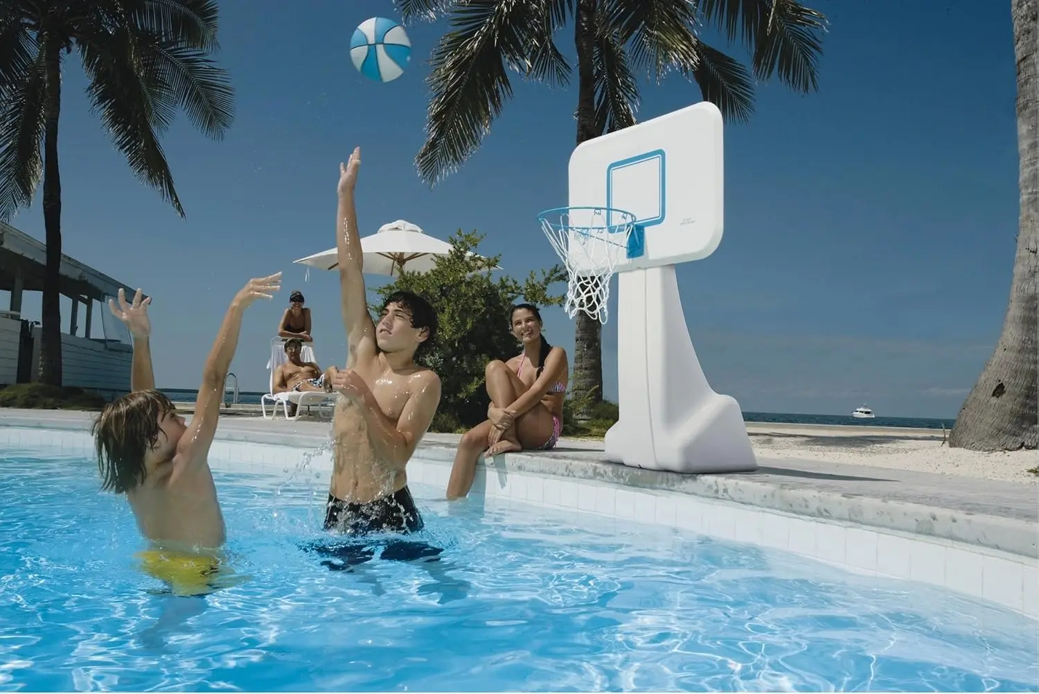 Swimming Pool Basketball Hoop Set with Ball, Base, and 13.5-Inch Stainless Steel Rim - Choose Basketball or Volleyball Combo