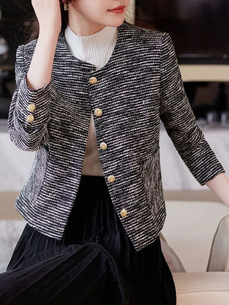 Chaquetas ajustadas con cuello redondo para mujer, ropa de abrigo recortada elegante con una hilera de botones, Chaquetas informales de manga larga a la moda coreana, primavera y otoño