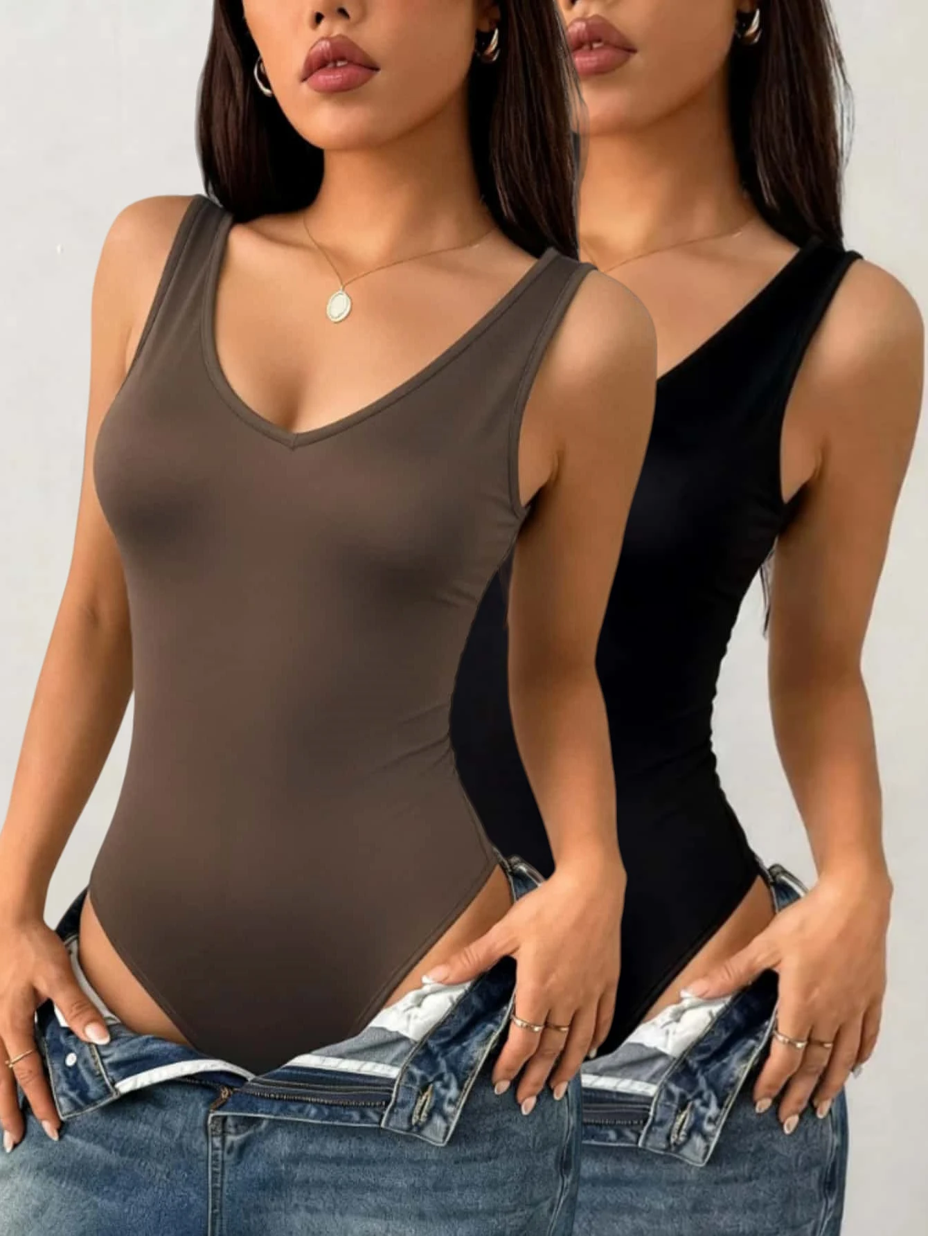 Damen Ärmelloser V-Ausschnitt Bodysuit 2er-Pack Figurbetonter Einfarbiger Tank-Bodysuit