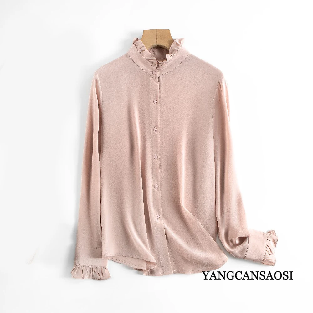 قميص نسائي ربيعي/خريفي جديد على طراز القصر 100% حرير التوت الطبيعي 03 كريب دي تشاين فرنسي سادة بأكمام طويلة وياقة بتلات