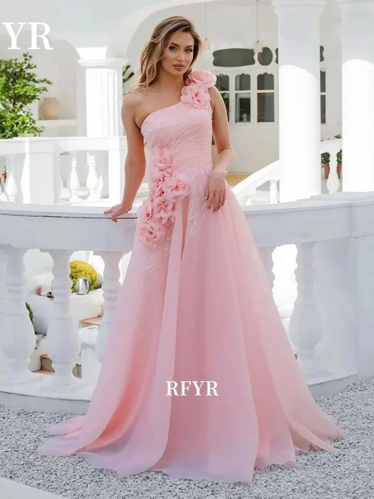 RFYR One Shoulder Evening Dresses A-Line Party Dress 3D Flowers Robe De Mariée Party Gown for Arabic Women Customized