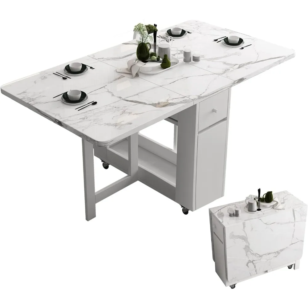 

Folding Dining Table with Rack and 2 Storage Drawers, Movable Extendable Space Saving Kitchen Table in 3 Forms (White)