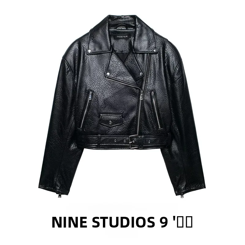 

Nine Zar Women's Biker Leather Effect Faux Leather Zipper Jacket Short 3046094 PU Skin Long Sleeve Spring Fashion Ladies Coat