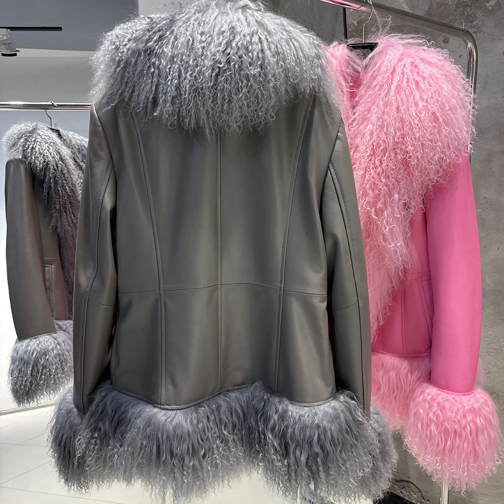 YOLOAgain Real Mongolia Sheep Fur Collar Real Leather Jacket Coat Women