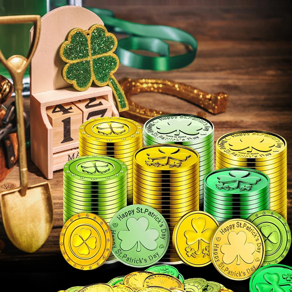 50pcs/100pcs Plastic Shamrock Coins Table Decors St Patricks Day Lucky Coins Green and Gold Lucky Coins Toy Gift for Party Use