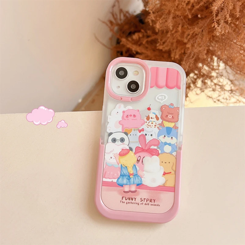 Suitable For iPhone 13 14Por Max Cases Fashion Cute Pink Cartoon Trend Invisible Double Bracket iPhone 15 Soft Cases Girl