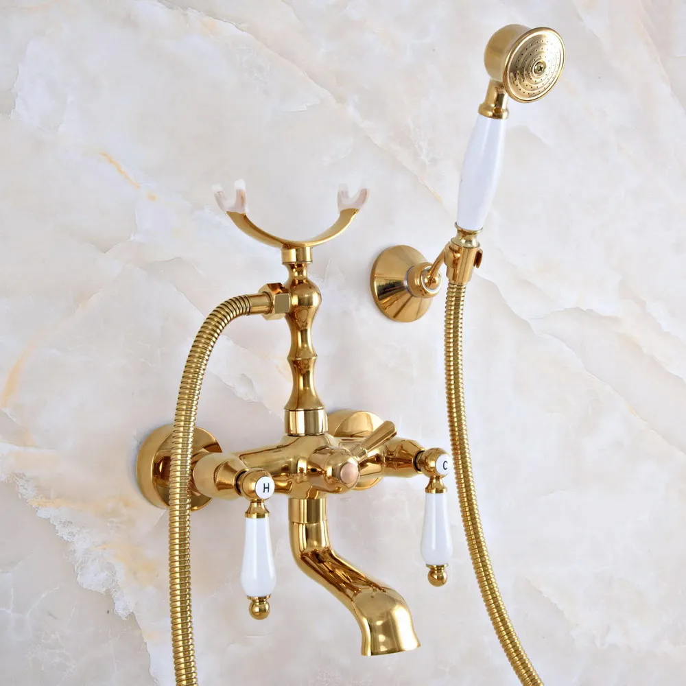 Bathtub Faucets Gold Color Brass Bathroom Clawfoot Bath Tub Faucet Mixer Tap Ceramic Handle Hand Shower Head Nna911