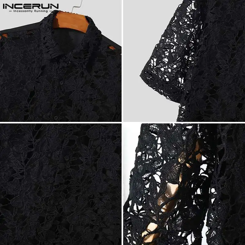 INCERUN Tops 2024 Korean Style Fashion Mens Sexy Flower Perspective Lace Shirts Male Streetwear Short Sleeved Lapel Blouse S-5XL