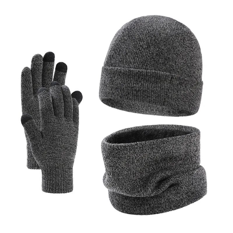 Men Winter Knit Beanie Hat Neck Gaiter Touch Screen Gloves 3Ps Set Fleece Lined Thick Outdoor Cycling Cold Weather Accessories