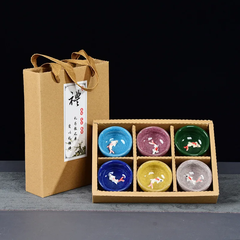 Geschenkset 3D Goldener Fisch China Teetassen-Set, Kung-Fu-Tee-Set mit Craquelé-Glasur, Reise-Teeschale, Chinesische Teetassen-Sets