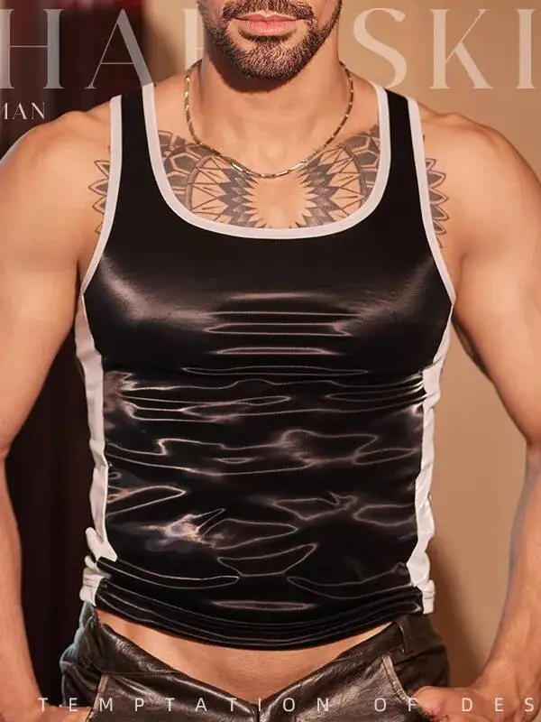 Sports Vest Men's Tight-fitting Shirt Fitness Sexy Muscle Men's Leather Top Erotic Underwear Casaul Elegant Fashion Vest Xog8