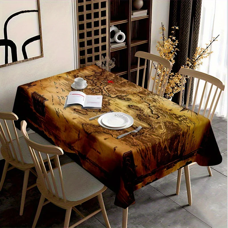 1pc Vintage Nautical World Map Tablecloth -  Parchment/Chalkboard Design with Sea Chart, Compass Rose & Ship Icons - Machine-Was