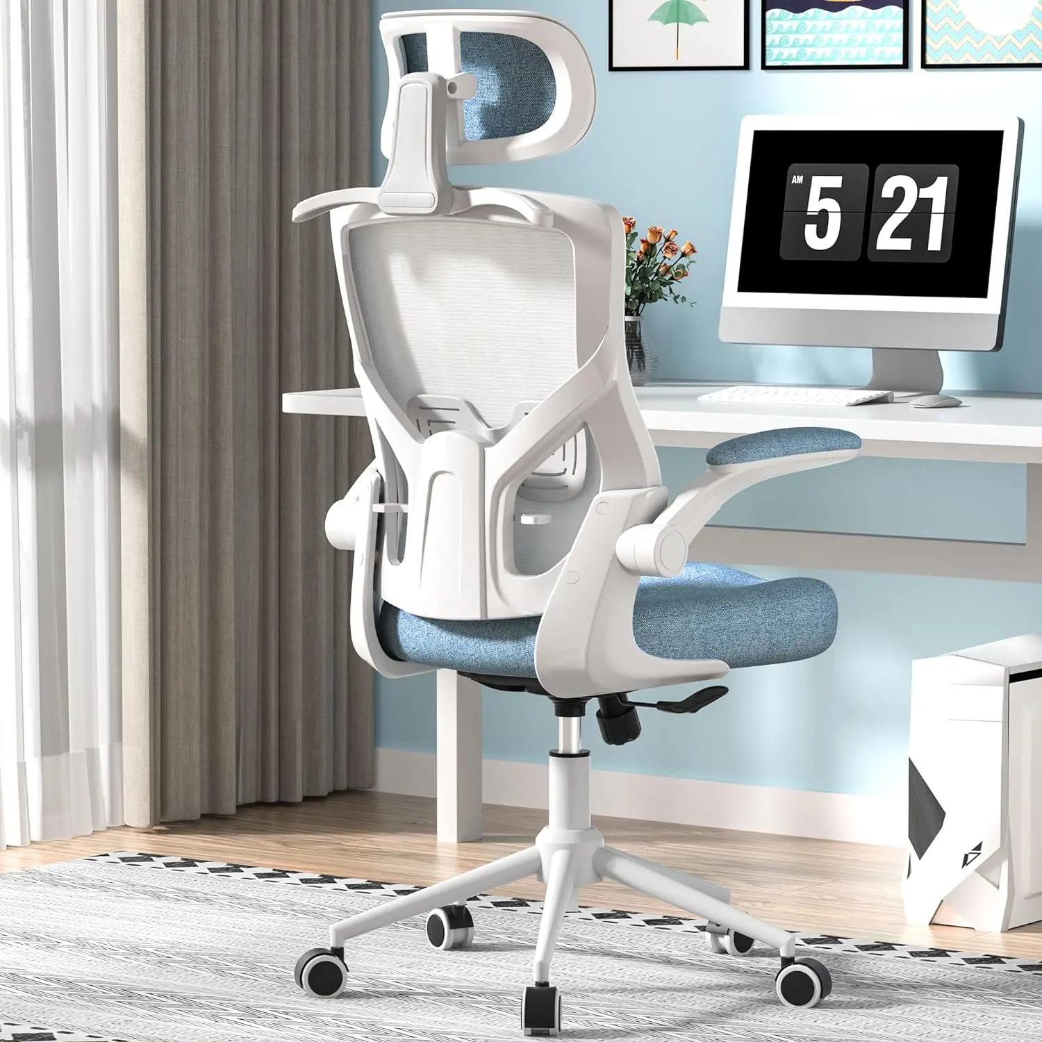 Ergonomic Office Chair High Back Mesh Desk Chair Home Computer Gaming Chair,Thick Molded Foam Cushion,Coat Hanger,Carolina Blue