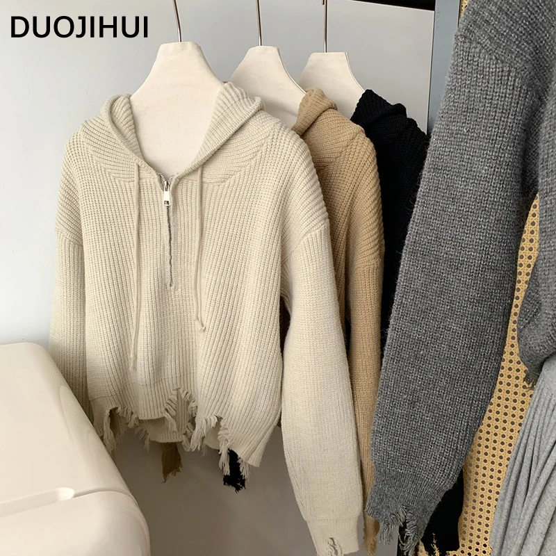 DUOJIHUI Chic Zipper Hooded Drawstring Sweater Women Pullover New Hollow Out Pure Color Fashion Simple 4-colors Female Pullover
