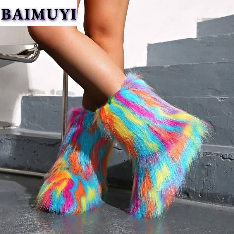 Luxury Furry Women Ankle Snow Boots Flats Platform Fur Warm Shoes Brand Winter 2025 Trend Designer Woman Plush Ankle Botas Mujer