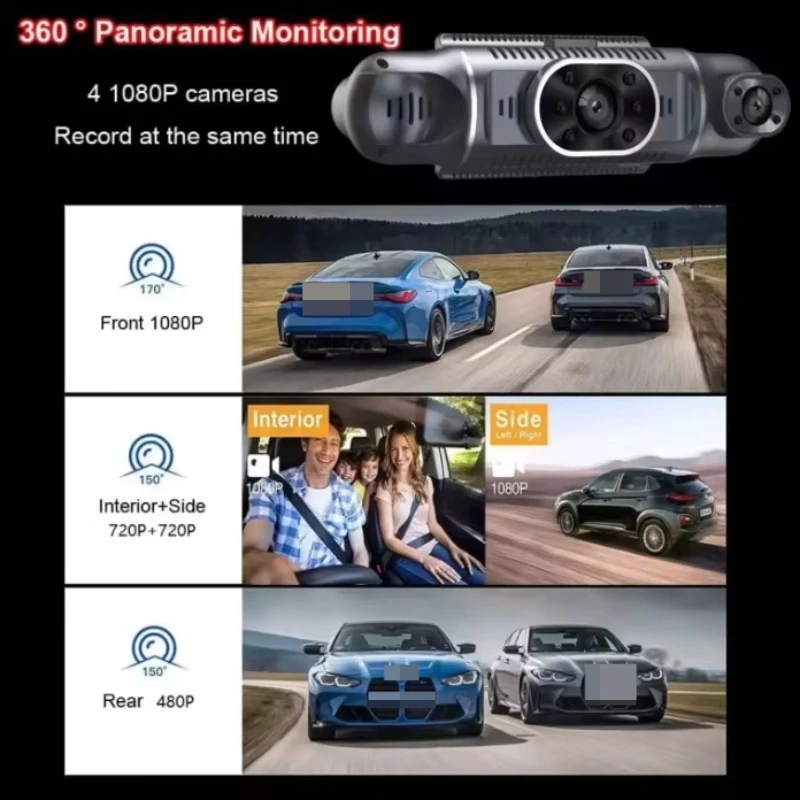 360 Degrees Panoramic Car DVR 3-Inch Screen 4 Channel FHD 1080P IPS Video Recorder 4 Split Screen Display Dash Cam Night Vision