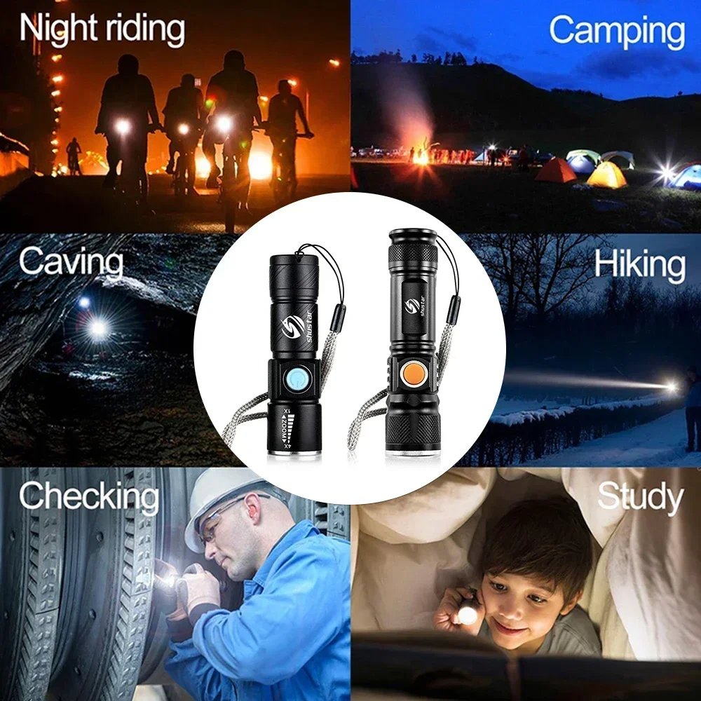 Powerful LED Flashlight With Tail USB Charging Head Zoomable waterproof Torch Portable light 3 Lighting modes Built-in battery