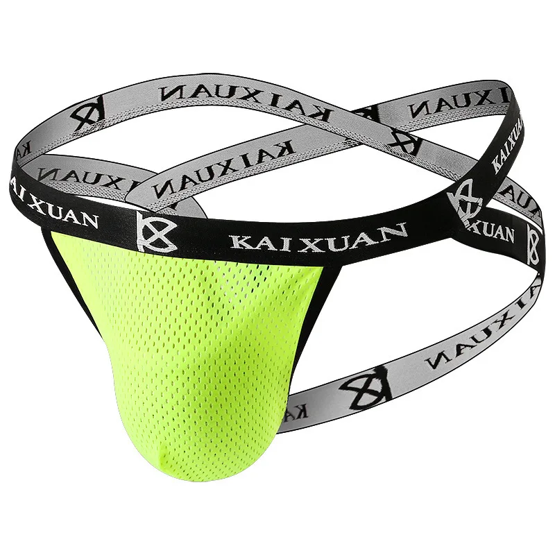 Męski stringi z siateczki lodowego jedwabiu, seksowne majtki z wypukłą kieszenią U, erotyczne, z odkrytymi pośladkami, elastyczne, kontrastowe kolory.