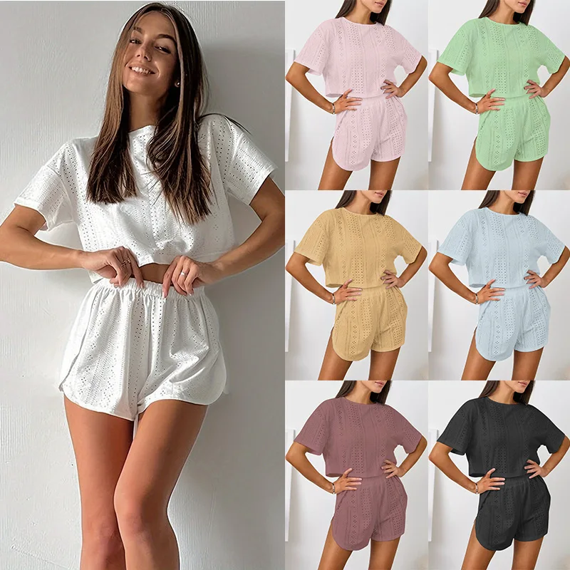 Women Summer Home Pajama Set Crew Neck Short Sleeve Shorts Loose Openwork Short Sleeve Shorts Set Girls Students Summer Pajamas