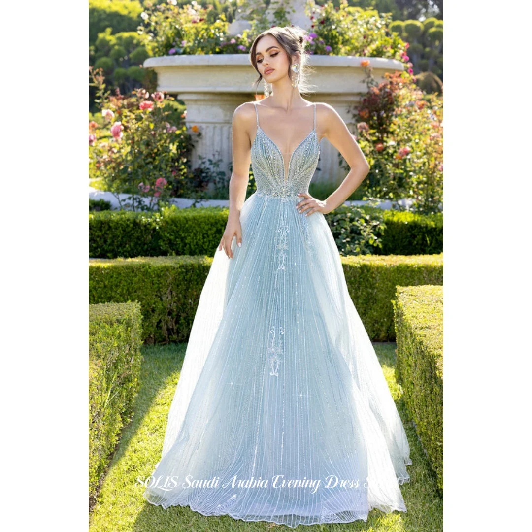 

SOLIS Light Blue Prom Dress Spaghetti Strap Beaded Tulle Evening Dress V-Neck Luxury Formal Party Dress فستان سهرة Customized