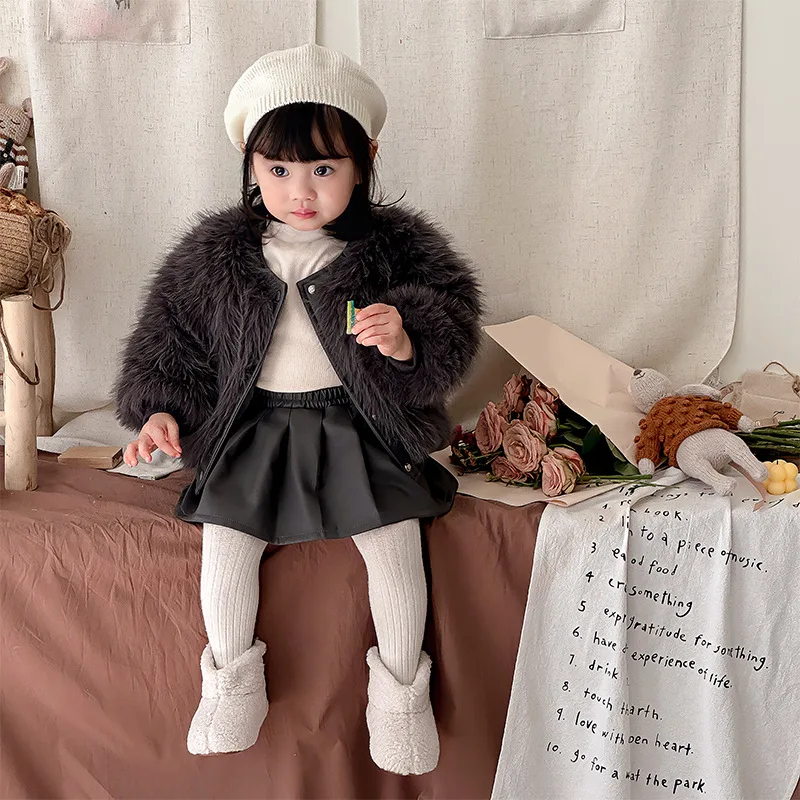 Snow Wear Baby Plush Thicken Coat Children Clothing Overcoat Vest Versatile Leather Skirt Fur Go Out Round Collar