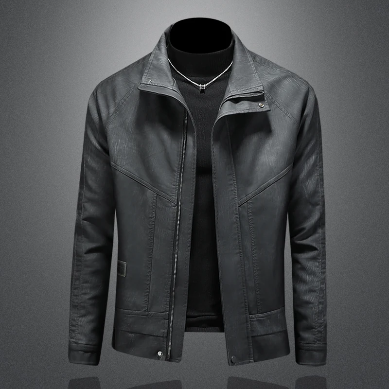 

Новая мужская кожаная куртка класса люкс 2025 года: утепленная, повседневная, в мотоциклетном стиле, с воротником-стойкой, зимнее пальто для молодежи.