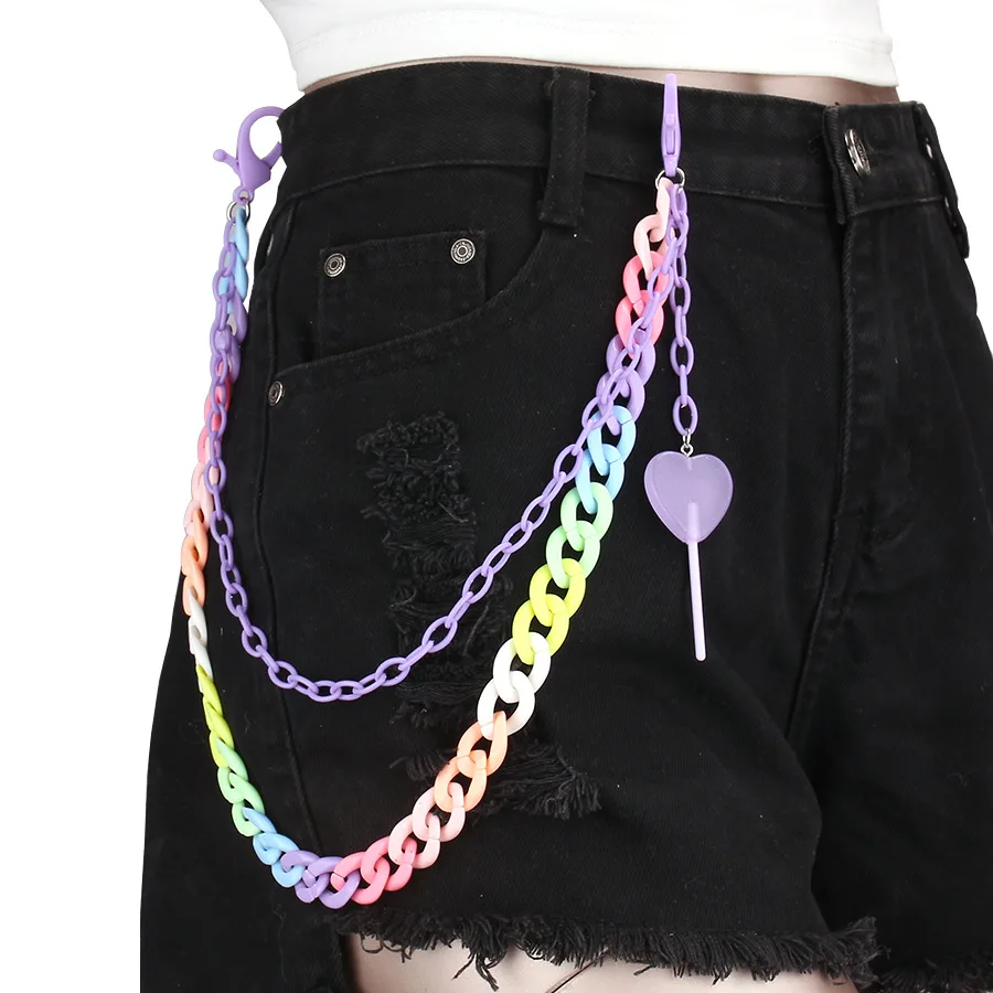 Hip Hop Rainbow Resin Chain Keychain Men Women Waist Chain Multicolor Acrylic Heart Lollipop Pants Trousers Chain Punk Jewelry
