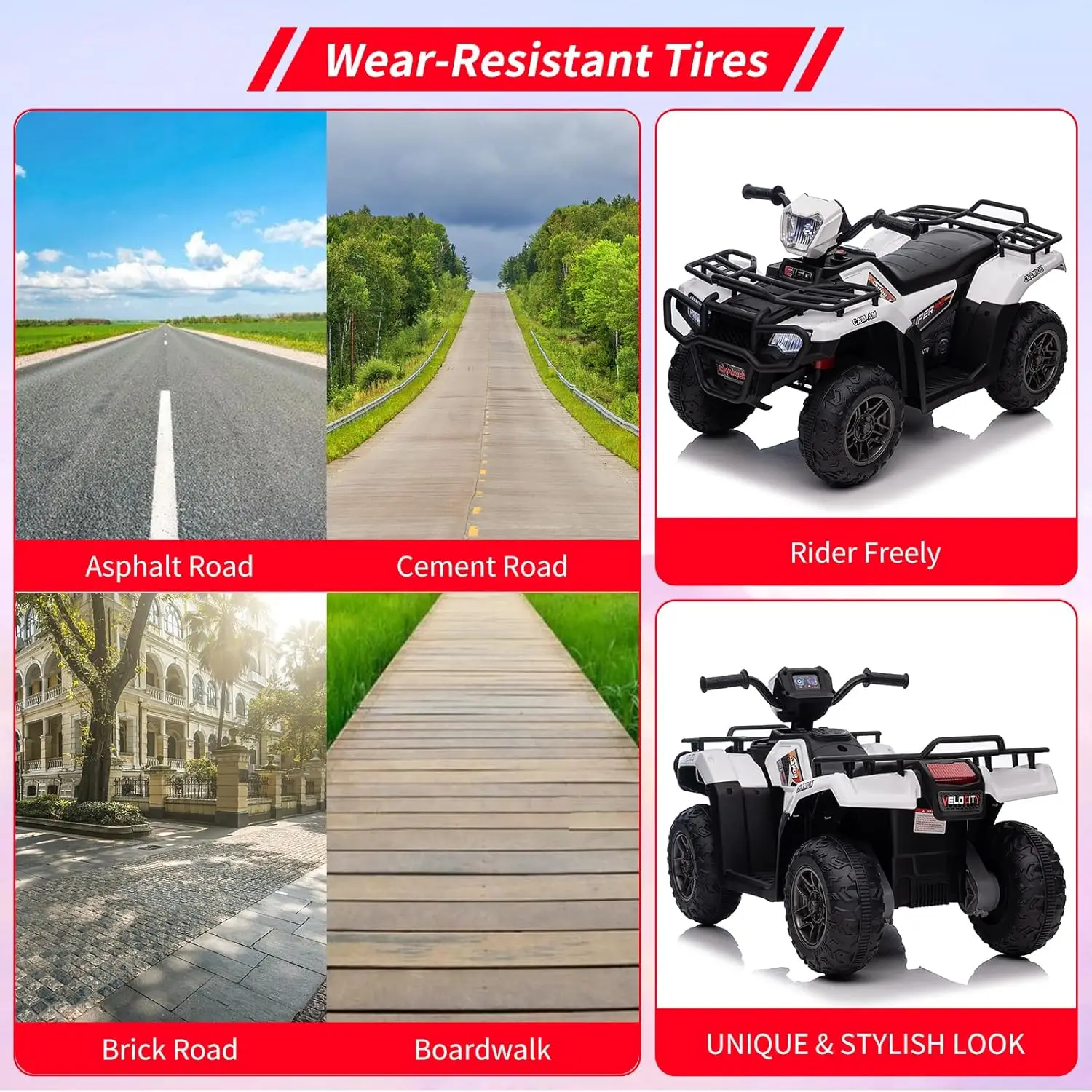 12V paseo en ATV para niños pequeños vehículo eléctrico alto/bajo 2,2 mph velocidad de seguridad luz LED, música, USB para niños niñas regalo blanco