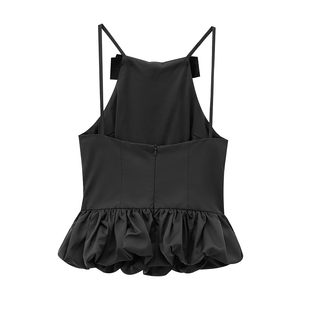 INS Fashion Elegant Black Bow Design Sleeveless Splicing Pleated Edge Women Sweet Poplin Slim Solid Camisole Top ZATAF 2024 New