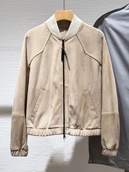 Suede Baseball Jacket for Women, New High-End Hollow Leather Jacket, Genuine Deerskin, Simple Female Traf