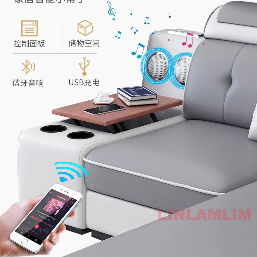 Linlamlim Moderne, wissenschaftliche Sofagarnitur aus Stoff mit Chaiselongue, Bluetooth-Lautsprechern und USB-Ladeanschlüssen für das Wohnzimmer