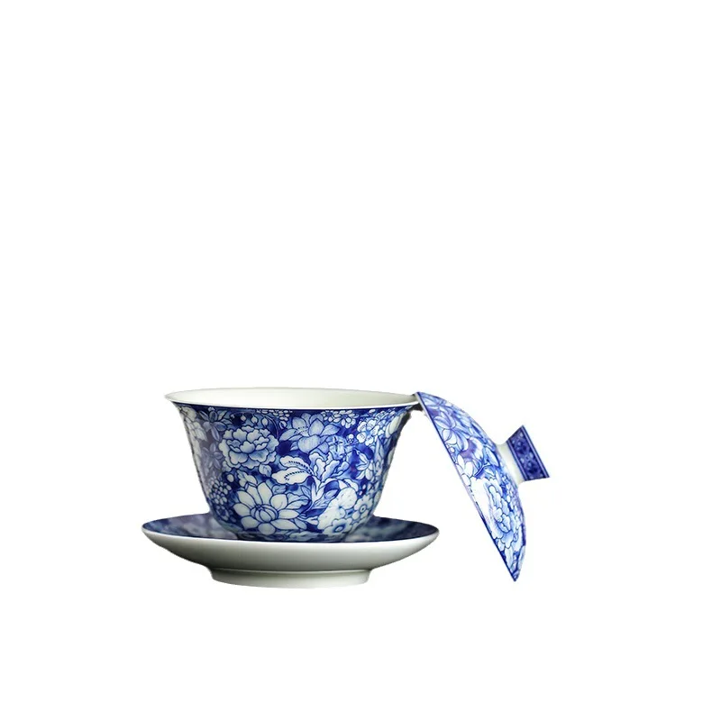 Jingdezhen-azul e branco antigo gaiwan chávena, high-end kung fu chá conjunto, grande capacidade, não-escaldar, ameixa flor