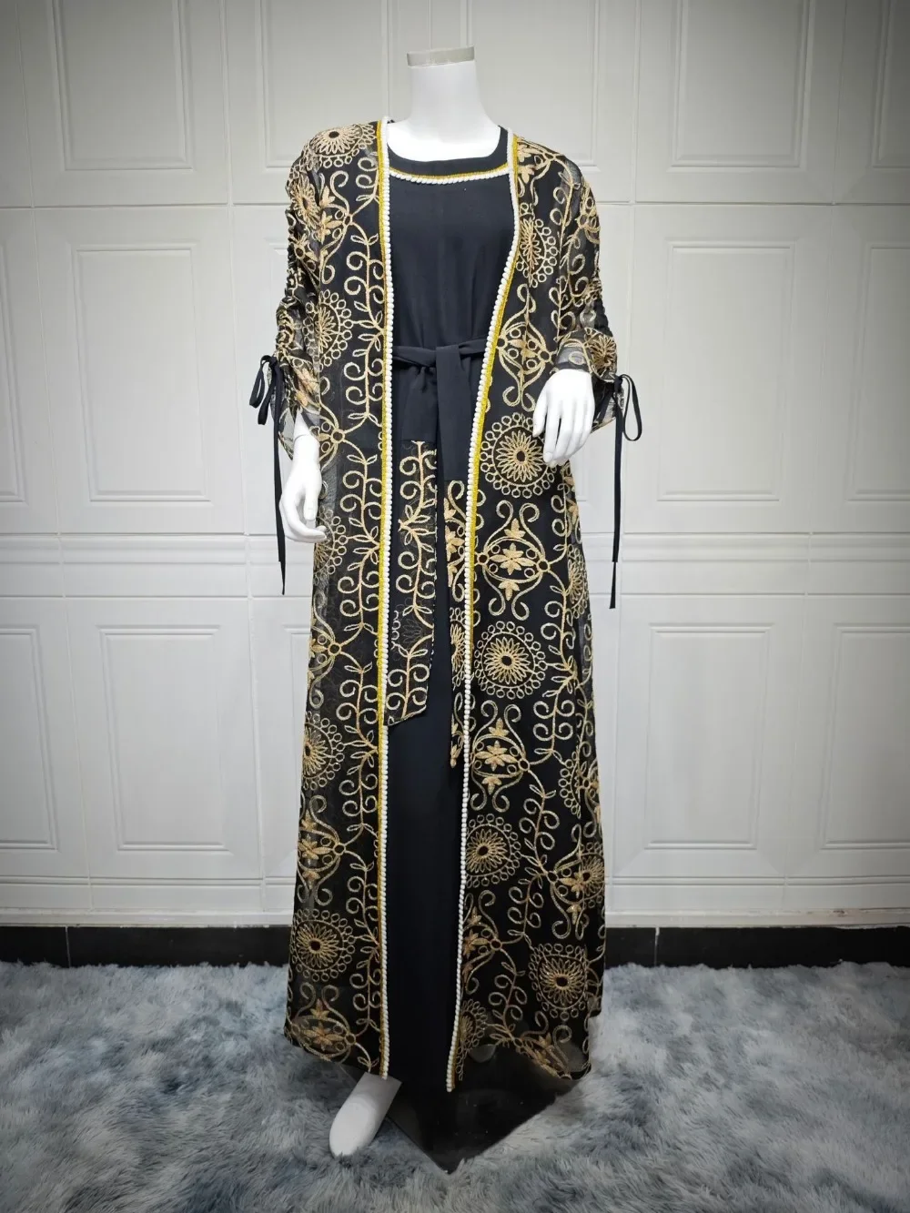 Eid Muslim Abayas for Women Party 2 Piece Set Embroidery Cardigan Robe Lace Up Dress Morocco Kaftan Islam Ramadan Dubai Vestidos