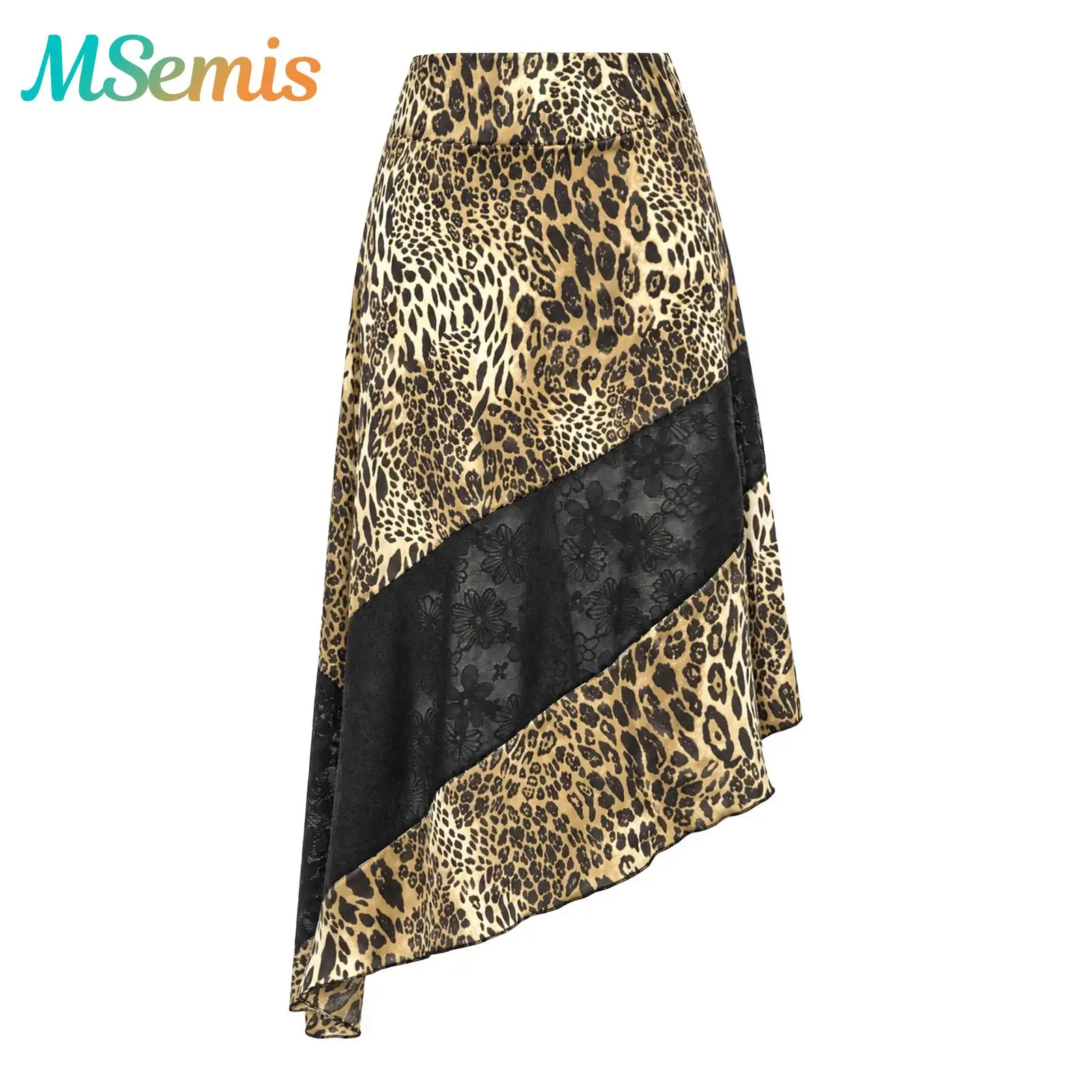 Women Sheer Floral Lace Skirts Patchwork Leopard Print Skirt Side Invisible Zipper Irregular Hem Midi Skirt for Music Festival