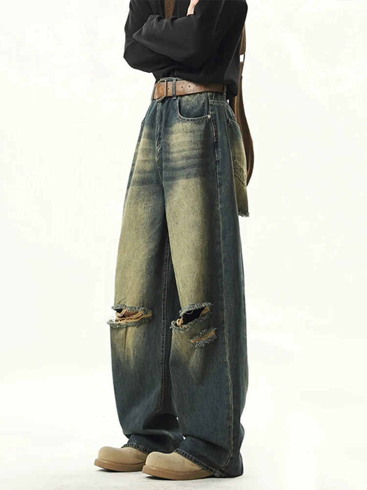 بنطلون جينز فضفاض ممزق واسع الساق من American Sle للرجال بتصميم عصري كاجوال مستقيم من قماش الدنيم الأزرق #1