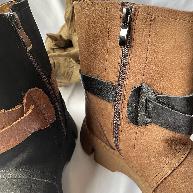 Careaymade-Genuine leather wide version Casual women big size short boots,Pure handmade Thick soled buckle zipper single boots