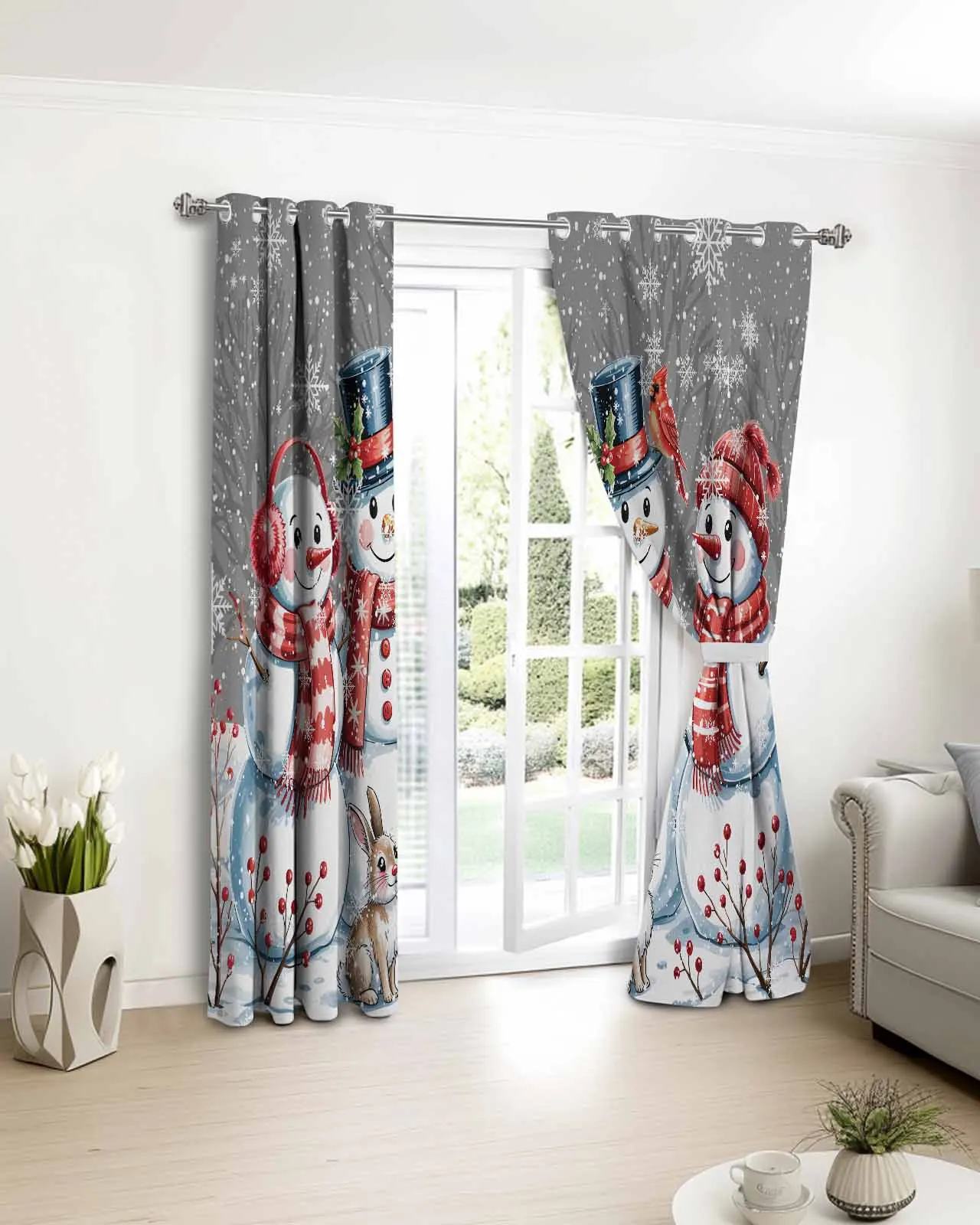 

2pcs, 1 panel Christmas Snowman Rabbit Winter Polyester Window Curtains For Living Room Kitchen Bedroom Drapes