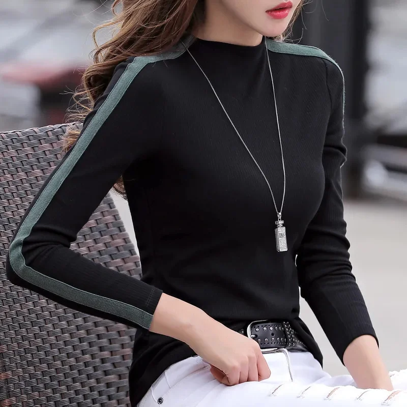 2024 Autumn/Winter Korean New Slim Splicing Bottoming Shirt Women\'s Elastic Long sleeved T-shirt Casual Tops Female Clothes