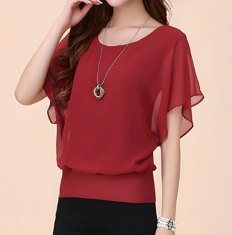 Plus Size L-5XL Chiffon Blouses Pullover 2025 Summer Shirt Elegant Sheer Short Sleeve O Neck Solid See-though Ruffle Women Tops