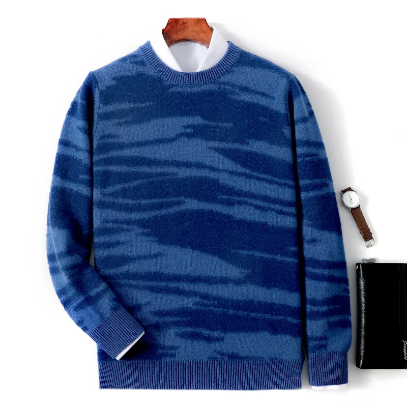 Double Thick 100% Pure Wool Men's Round Neck Long Sleeve Pullover Gradient Contrast Casual Knitted Sweater