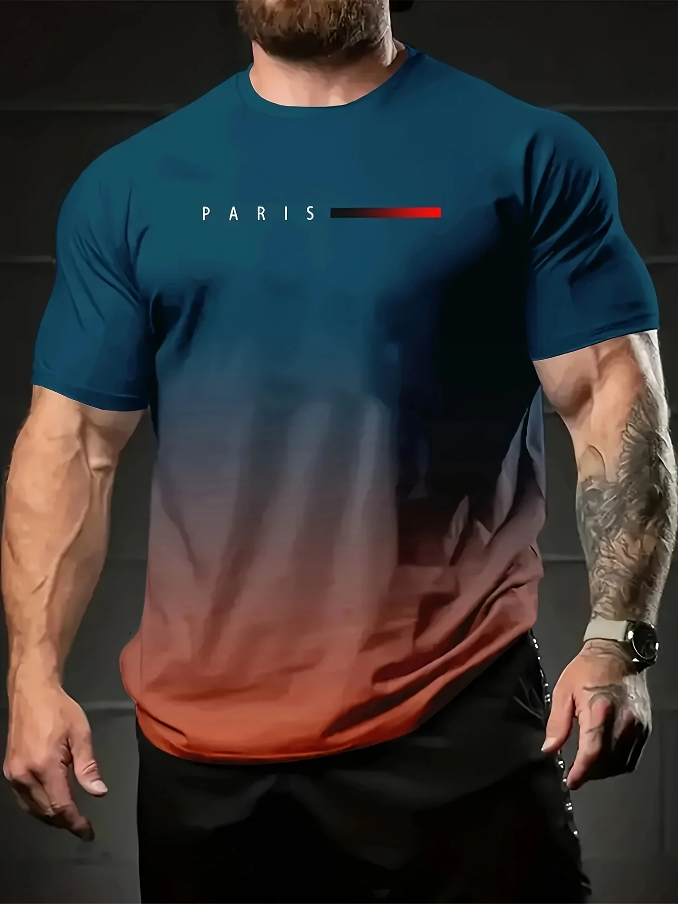 

Men's Gradient Paris Letter 3D Print T-Shirt in Summer Gradient Crewneck Short Sleeve Top T-shirt Fashion Streetwear Pullover