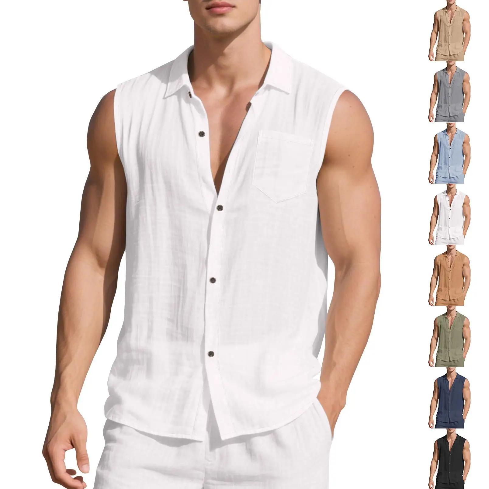 

Men's Linen Sleeveless Beach Shirt Casual Cotton Short Sleeve Color Shirt with Pocket Non-iron Treatment Summer Fashion